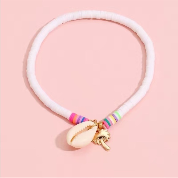 Anklet Shell Palm Tree Pendant White and Multi-Colored Polymer Clay Beads NWT - Picture 2 of 7